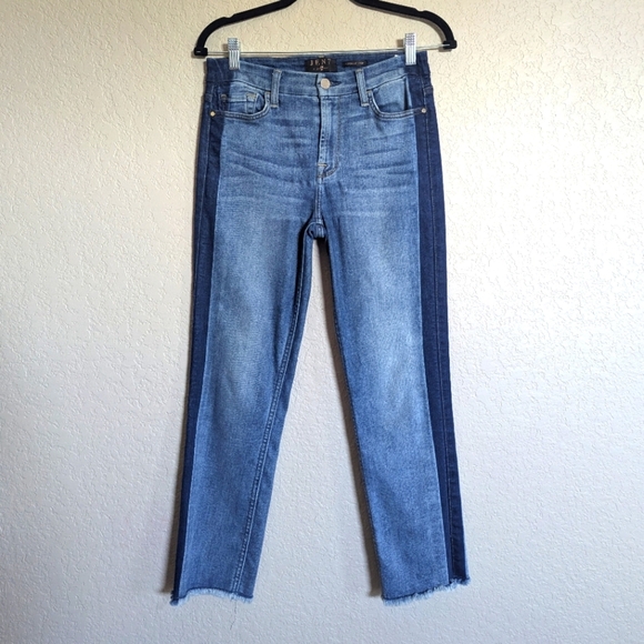 Jen7 by 7 for All Mankind Women's Size 4 Blue Cropped Straight Fringe Hem Jeans - Picture 1 of 14